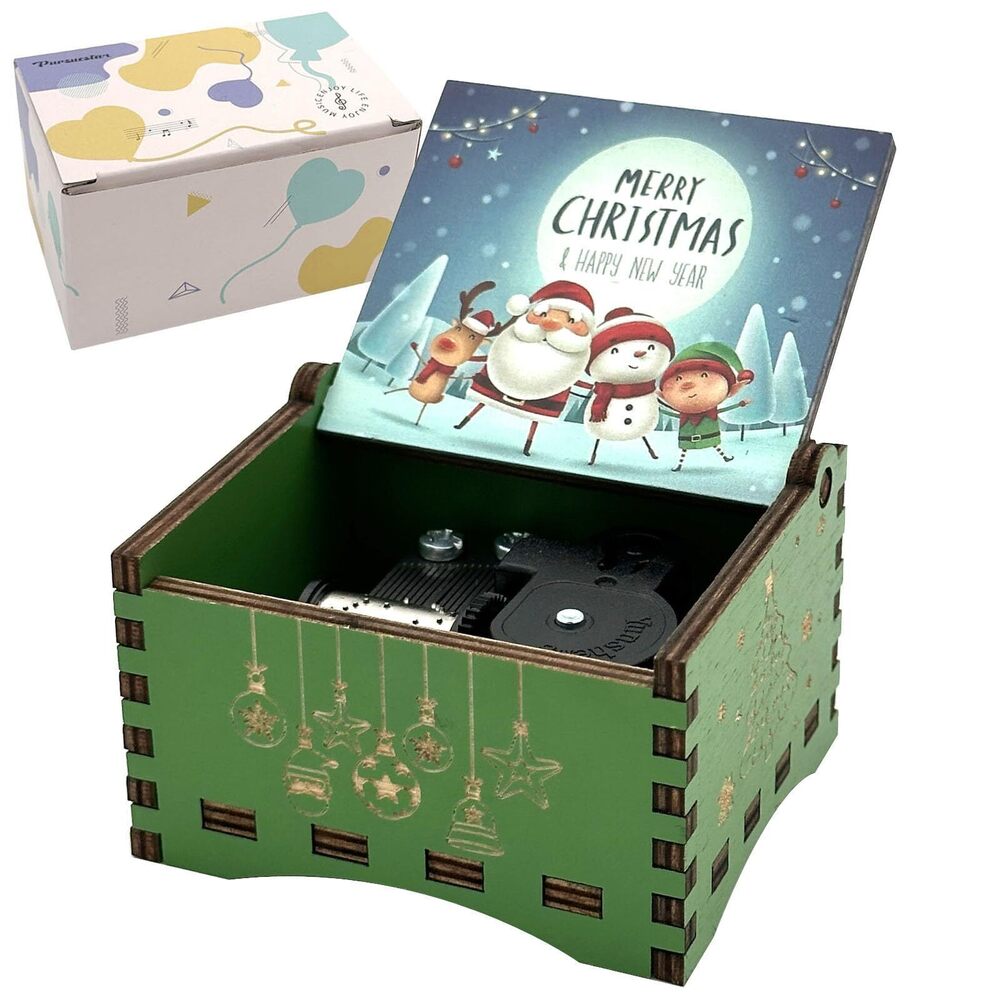 8785 Green Wind Up Music Box -White Christmas, Vintage Engraved Wood